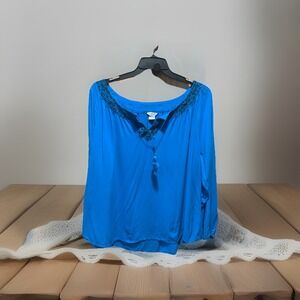 ARIAT Women 2XL Blouse Blue With Brown Embroidered Detailed Neckline Western Top